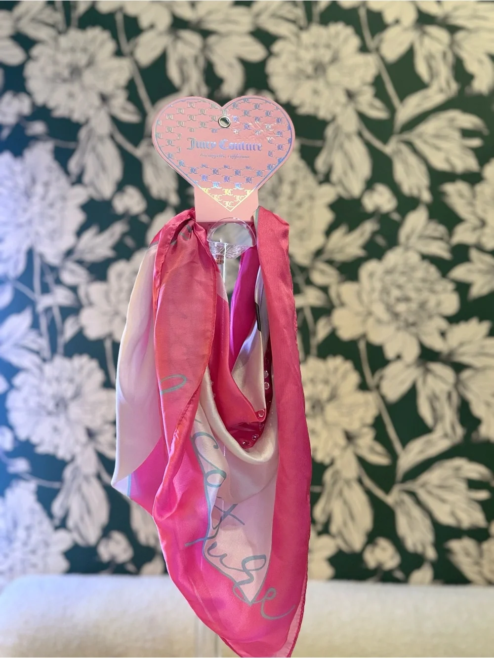Juicy Couture Hot Pink and Blush Silk Logo Crystal Scarf NWT